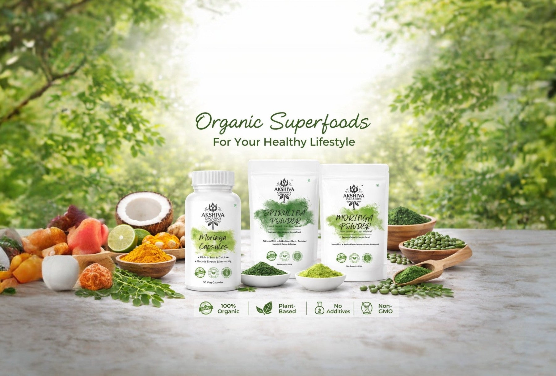 Akshiva Organics moringa powder, spirulina powder, and moringa capsules. 100% organic plant-based superfood supplements.