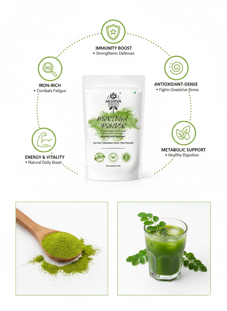 Akshiva Organics organic moringa powder with immunity boost, antioxidant support, digestive health, and energy benefits, plant-based herbal supplement.