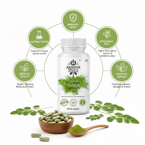 Akshiva Organics organic moringa capsules with immunity boost, antioxidant support, digestive health, and energy benefits, plant-based herbal supplement.