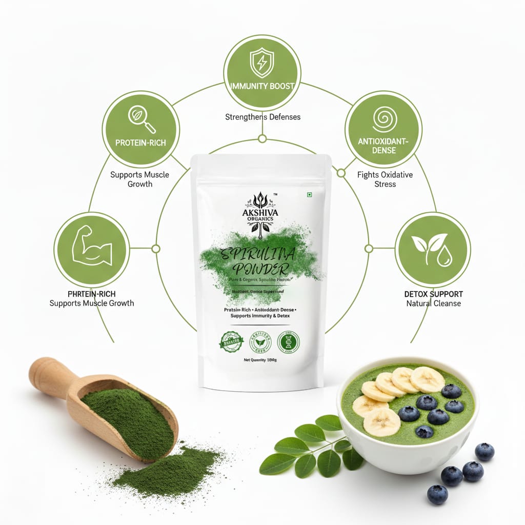Akshiva Organics organic spirulina powder with immunity, antioxidant, protein-rich and detox support benefits, shown with green powder scoop and smoothie bowl.